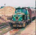 

0-4-0 Deutz shunter  used within the clay pit at Aruwakkal is pulling a set of wagons out of the loading bay. 