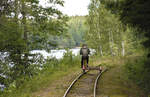 Draisine tour on the narrow gauge railway from Åseda to Virserum in Sweden. The Photo was taken at the lake »Hjorten«. Date: 18. July 2017.