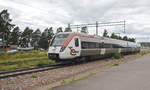 The regional trains SJ Regina X14 9025 leaving Rättvik in Dalarna in direction of Leksand. Date: 31. July 2017.