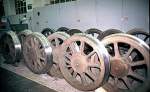 Prepared wheels for forward wheel of Ae 4/7, at railshop (Ausbesserungswerk) Zrich at open day, Otober 25th, 1980.