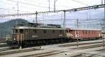 Ae 6/8 No 203 with maintenance wagon for defects in prepared position at Spiez, July 27th, 1980.
