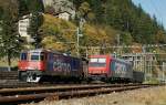 SBB Cargo Re 4/4 II and Re 482 in Gschenen. 
10.10.2008