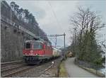 The SBB Re 420 326-1 with a short Cargo Train near the Castle of Chillon.
