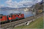 The SBB Re 4/4 II 11294 (Re 420 294-1) KNIE and an other near the Castle of Chillon.