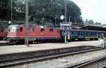 re 4/4 II no 11389 with REX; Text at the wagon:  Ich bin REX. der Rhein Express , Rorschach, August 21st, 1996.