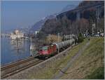The SBB Re 4/4 II 11284 (Re 420 284-2) with a Cargo Train by the Castle of Chillon.