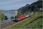 The SBB Re 4/4 II 11327 (Re 420 327-9) and an other one by the Castle of Chillon on the way to St Maurice.