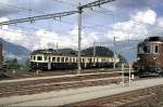 ABDe 2/8 No 701 (SEZ-part of the BLS-group) and Re 4/4 No 183 at Spiez, July 28th, 1980.