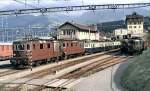 Locomotives Re 4/4 No 176 and annother; Ae 6/8 No 205 and 207 and two electric multiple units ABDZe 4/6 at Spiez, July 28th, 1980.