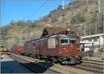 BLS Re 4/4 with a Cargo Train in Ausserberg. 
16.03.2007