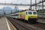 SOB 446 017 pushes a VorAlpen-Express out of Arth-Goldau on 3 June 2014.