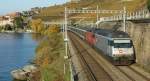 It's really not very often, than two Re 460 are on the same train: Re 460 100-1 and an other one with an IR to Brig by Rivaz. 
27.10.2009