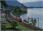 A SBB Re460 with an IR by the Castle of Chillon.