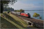 A SBB Re 460 wiht an IR on the way to Geneva near Villeneuve.