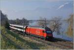 A SBB Re 460 with his IR 90 from Geneva to Brig near the Castle of Chillon.