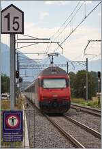 An SBB Re 460 is pushing its IR 90 towards Brig at Roche.