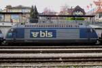 On 1 January 2019 BLS 465 009 still wears the original blue colour while sidelined at Spiez, but will receive the current apple green within a few moments.