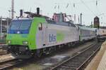 On 5 June 2014 BLS 485 005 hauls an intermodal freight through Basel Badischer Bahnhof toward Muttenz yard.