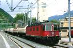 On 21 May 2008 SBB 11603 halus a short tank train in Visp. 