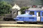RBe 2/4 no 202 ( Blue Arrow ) and Ce 2/2 no 102 at Balsthal, August 25th, 1984.