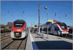 Léman Express in La Roche sur Foron: There, the SNCF Z31525 and the SBB RABe 522 232 are waiting for departure.
