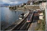 The SBB RABe 523 015 by his stop in Veytaux-Chillon.