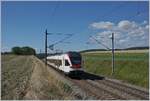 The SBB RABe 523 015 on the way to Villeneuve between Arnex and la Sarraz.