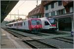 The new SBB Domino RBDe 560 384 (ex Travys) to Le Brassus and the SBB RABe 523 059 to Aigle in Vallorbe.