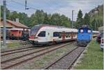 The CTVJ (Compagnie du Train a vapeur de la Vallée de Joux) E 3/3 8494-6 (UIC 90 85 0008 494-6), the SBB RABe 523 025 and the CTVJ (Compagnie du Train a vapeur de la Vallée de Joux) Tem 221 208 in Le Pont. 23.07.2023

