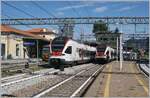 In Varese, the TILO RABe 524 105 / ETR 524 105 to Bellinzona is waiting for departure. To the right of it, the opposing train to Malpensa has arrived, and (partially visible) in the background on the left side of the image stands the Trenord Ale 711 as S5 to Treviglio.

September 25, 2019