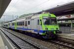 On a grey 28 May 2019 BLS 565 736 calls at Spiez with a local train to Interlaken Ost.