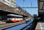 The transN BDe 4/4 N* 3 and the transN Flirt 527 332 in Le Locle.
18.03.2016