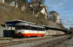 The TRN/cmn BDe 4/4  N 5 is leaving the Le Locle station.