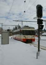 A TRN/cmn BDe 4/4 from Les Ponts-de-Martel is arriving at La-Chaux-de-Fonds.