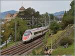 A SBB ETR 610 on the way from Milano to Geneva by the Castle of Chillon.