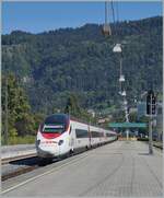 The SBB RABe 503 018 on the way from Zürich to München in the Station of Bregenz.