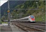 On the way on the Gotthard Railway - the journey of the IC 2 667, consisting of two SBB RABe 501  Twindexx  near Wassen in four pictures: The train reaches Wassen train station, where the train passes