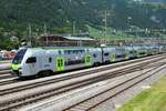 MUTZ 001 stands in Frutigen on 30 June 2013. MUTZ is the BLS name  for the Stadler KISDS double decker EMUs.