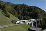 The BLS RABe 528 112 is traveling from Bern to Zweisimmen and crosses the Bunschenbach Bridge shortly after Weissenburg.