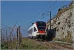 Le SBB FLIRT RABe 523 028 circule sur la ligne Train des Vignes au-dessus de St Saphorin.

16 nov. 2024