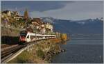 At St Saphorin, two SBB RABe 523 FLIRTs are on their way towards Lausanne  November 12, 2024