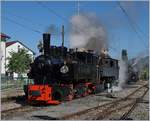 Blonay Chamby Mega Steam Festival: The G 2x 2/2 105 and the CP E164 are leaving Blonay on the way to Chaulin.11.05.2018