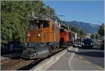 50 years Blonay -Chamby Railway - Mega Bernina Festival (MBF): The RhB Ge 4/4 182 and the RhB ABe 4/4 35 are arriving at Blonay.