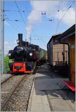 The Blonay Chamby Railway G 2x 2/2 105 is arriving with his service in the Chamby Station. 

07.05.2022