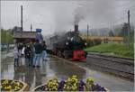 o an rainy day, the SEG G 2x2/2 105 by the Blonay-Chamby Railway is waiting in Blonay his departure to Chaulin.