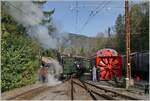 The LEB G 3/3 N° and SEG G 2x 2/2 105 both by the Blonay Chamby Railway are arriving at Chaulin.