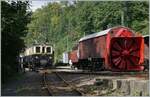 The (ex) MOB FZe 6/6 2002 and the (ex) Bernina Bahn X rot 1056 by the Blonay-Chamby Railway in Chaulin.