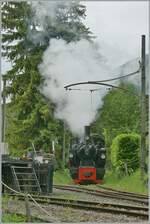As soon as we arrive in Chaulin, the SEG G 2x 2/2 105 of the Blonay Chamby Railway steams into the locomotive shop, where it is supplied with water and coal in the short turnaround time of half an hour. July 8, 2024
