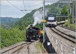 The BFD HG 3/4 N° by the Blonay-Chamby Railway is with his steamer train service on the way to Chaulin is arriving at the Chamby Station, while a CEV MVR ABeh 2/6 leaves Chamby towards Les Avants.

20.05.2024
