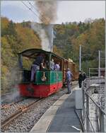 As part of the season finale  DER 2023,  the Blonay Chamby Railway offered rides to the Baye de Clarens Viaduct to inspect the progress of the extensive renovation of the structure. Fortunately, I was allowed to leave the train under supervision and take a few photos.  
In the picture, the G 2/2 No. 4  Rimini  with the beautifully restored A-L compartment coach with luggage compartment CF2 No. 21, built in 1900, on the Baye de Clarens Viaduct.  

October 28, 2023